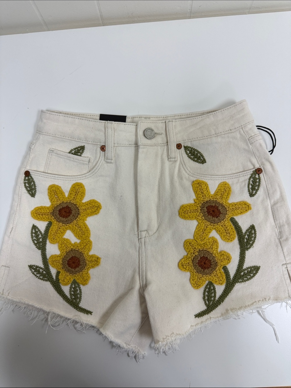 Blank NYC Cream Denim Jean Shorts with Yellow Floral Embroidery